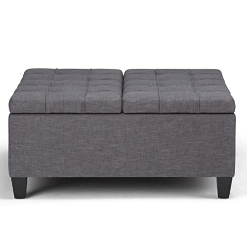 SIMPLIHOME Harrison 36 Inch Wide Square Coffee Table Lift Top Storage Ottoman In Upholstered Slate Grey Tufted Linen Look Fabric For The Living Room, Transitional 4 SIMPLIHOME Harrison 36 Inch Wide Square Coffee Table Lift Top Storage Ottoman In Upholstered Slate Grey Tufted Linen Look Fabric For The Living Room, Transitional - Image 4