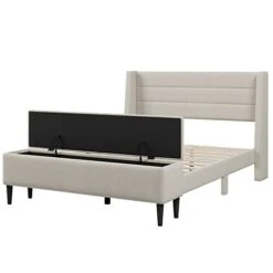 Queen Size Upholstered Bed With Storage Bench And Headboard, Solid Wood Queen Bed Frame No Spring Box Needed, Beige