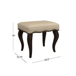 Furniture Hamilton Backless Vanity Stool, Burnished Oak Wood And Ivory Upholstery With Nail Head Trim