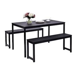 Dining Table Set, Hinpia 3 Pieces Modern Kitchen Table With 2 Benches, Wood Tabletop And Metal Frame (Black)
