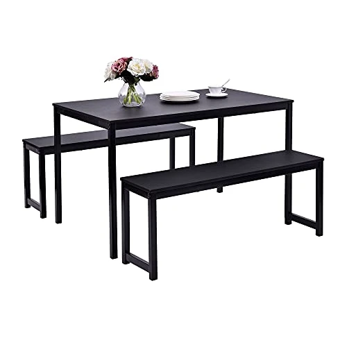 Dining Table Set, Hinpia 3 Pieces Modern Kitchen Table With 2 Benches, Wood Tabletop And Metal Frame (Black) 1 Dining Table Set, Hinpia 3 Pieces Modern Kitchen Table With 2 Benches, Wood Tabletop And Metal Frame (Black)