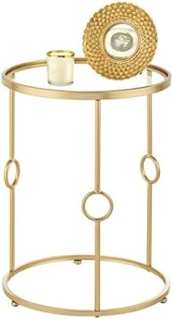 MDesign Round Metal Side/End Table With Decorative Legs, In-Lay Top, Home Decor Accent Furniture For Living Room, Bedroom - Brass/Clear Glass -Best Furniture Store 31Tb7d2Q9GL. AC