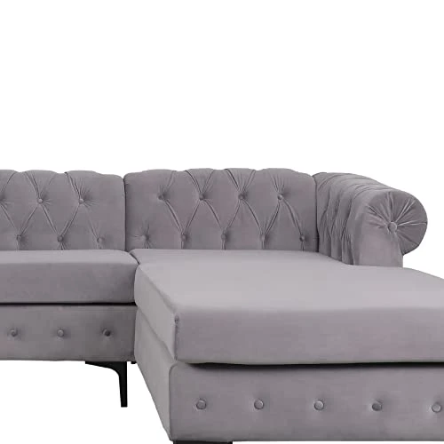 NOSGA Modern Velvet Fabric L Shaped 3-Seat Sectional Sofa Couch, Furniture Sectional Chesterfield Couch Set, Upholstered Scroll Arm Chesterfield Sofa With Chaise For Living Room(Light Grey) 5 NOSGA Modern Velvet Fabric L Shaped 3-Seat Sectional Sofa Couch, Furniture Sectional Chesterfield Couch Set, Upholstered Scroll Arm Chesterfield Sofa With Chaise For Living Room(Light Grey) - Image 5