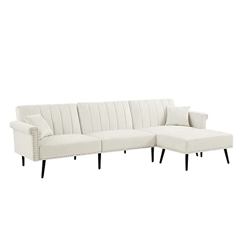 GENERIC L-Shape Sectional Sofa With Ottoman Elegant Line Design Folding Futon Bed Nailhead Trim White Cabin Lodge Mid-Century Modern Solid Velvet Handmade 3 GENERIC L-Shape Sectional Sofa With Ottoman Elegant Line Design Folding Futon Bed Nailhead Trim White Cabin Lodge Mid-Century Modern Solid Velvet Handmade - Image 3