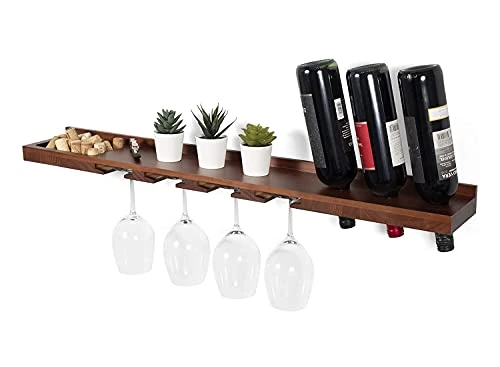 Rustic State Molise Wall Mount Wood Floating Wine Rack Stemware Holder Glassware Shelf Cork Storage Organizer For 3 Bottles And 4 Glasses - Home, Kitchen, Dining Room Bar Décor - Walnut 2 Rustic State Molise Wall Mount Wood Floating Wine Rack Stemware Holder Glassware Shelf Cork Storage Organizer For 3 Bottles And 4 Glasses - Home, Kitchen, Dining Room Bar Décor - Walnut - Image 2
