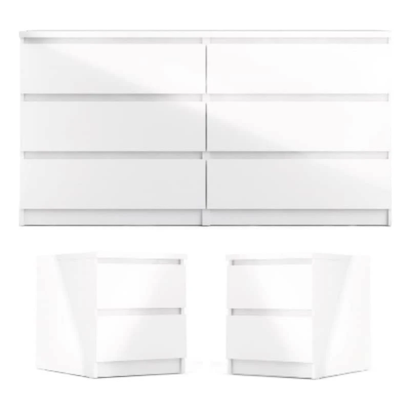 3PC Set Engineered Wood With 2 Nightstands And 1 Double Dresser In White Gloss 1 3PC Set Engineered Wood With 2 Nightstands And 1 Double Dresser In White Gloss