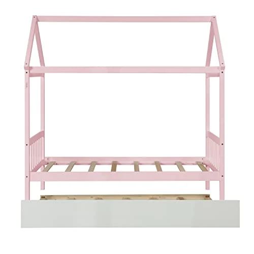 Harper & Bright Designs Twin House Bed With Trundle Bed, Wood Twin Size Daybed For Girls Boys,Kids Platform Bed Frame With Roof Twin Cabin Bed For Bedroom,Pink+White 4 Harper & Bright Designs Twin House Bed With Trundle Bed, Wood Twin Size Daybed For Girls Boys,Kids Platform Bed Frame With Roof Twin Cabin Bed For Bedroom,Pink+White - Image 4