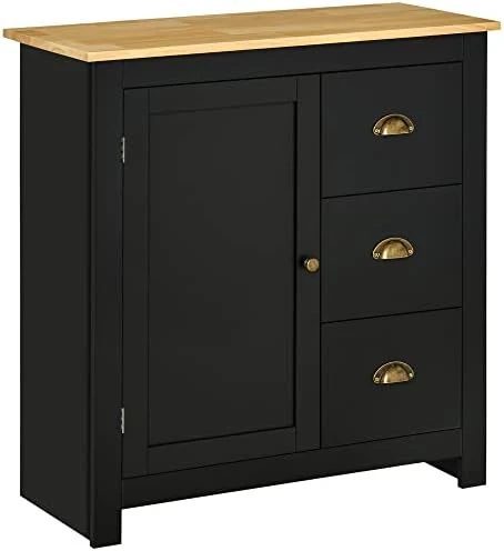HOMCOM Modern Kitchen Cabinet, Storage Sideboard, Buffet Table With Rubberwood Top, 3 Drawers And Cabinet With Adjustable Shelf, Black 7 HOMCOM Modern Kitchen Cabinet, Storage Sideboard, Buffet Table With Rubberwood Top, 3 Drawers And Cabinet With Adjustable Shelf, Black - Image 7