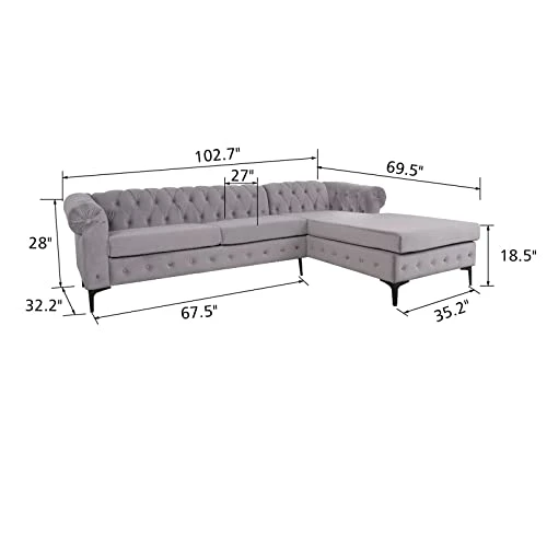 NOSGA Modern Velvet Fabric L Shaped 3-Seat Sectional Sofa Couch, Furniture Sectional Chesterfield Couch Set, Upholstered Scroll Arm Chesterfield Sofa With Chaise For Living Room(Light Grey) 2 NOSGA Modern Velvet Fabric L Shaped 3-Seat Sectional Sofa Couch, Furniture Sectional Chesterfield Couch Set, Upholstered Scroll Arm Chesterfield Sofa With Chaise For Living Room(Light Grey) - Image 2