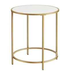 VASAGLE Round Side Table, End Table With Metal Frame, Small Coffee Accent Table, Nightstand, Bedside Table, Easy Assembly, For Living Room, Bedroom, Modern Style, Gold And White ULET282A10