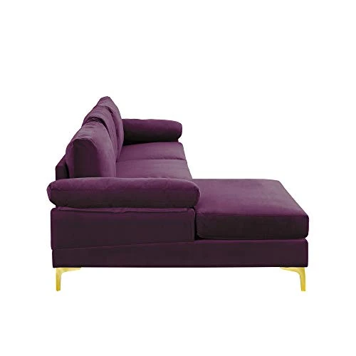 Casa Andrea Milano Modern Large Velvet Fabric Sectional Sofa Couch With Extra Wide Chaise Lounge With Golden Legs, L Shaped, Purple 5 Casa Andrea Milano Modern Large Velvet Fabric Sectional Sofa Couch With Extra Wide Chaise Lounge With Golden Legs, L Shaped, Purple - Image 5