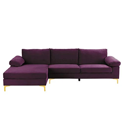 Casa Andrea Milano Modern Large Velvet Fabric Sectional Sofa Couch With Extra Wide Chaise Lounge With Golden Legs, L Shaped, Purple 4 Casa Andrea Milano Modern Large Velvet Fabric Sectional Sofa Couch With Extra Wide Chaise Lounge With Golden Legs, L Shaped, Purple - Image 4
