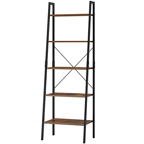 SOMY Industrial 5 Tier Ladder Shelf, Vintage Storage Bookshelf With Metal Frame Multifunction Plants Flower Stands Display Rack For Garden, Hallway, Office, Living Room Rustic Brown 5 SOMY Industrial 5 Tier Ladder Shelf, Vintage Storage Bookshelf With Metal Frame Multifunction Plants Flower Stands Display Rack For Garden, Hallway, Office, Living Room Rustic Brown - Image 5