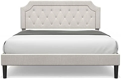 Queen Size Bed Frame Upholstered Low Profile Traditional Platform With Tufted And Nail Headboard/No Box Spring Needed/No Bed Skirt Needed/Linen Fabric Upholstery/Color Of Sand 7 Queen Size Bed Frame Upholstered Low Profile Traditional Platform With Tufted And Nail Headboard/No Box Spring Needed/No Bed Skirt Needed/Linen Fabric Upholstery/Color Of Sand - Image 7