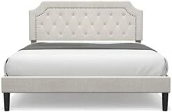 Queen Size Bed Frame Upholstered Low Profile Traditional Platform With Tufted And Nail Headboard/No Box Spring Needed/No Bed Skirt Needed/Linen Fabric Upholstery/Color Of Sand 11 Queen Size Bed Frame Upholstered Low Profile Traditional Platform With Tufted And Nail Headboard/No Box Spring Needed/No Bed Skirt Needed/Linen Fabric Upholstery/Color Of Sand -Best Furniture Store 31kaY9HAXL. AC