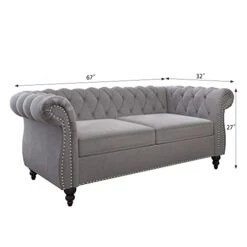 2 Piece Living Room Set, Velvet Chesterfield Sofa Loveseat Couch With Scroll Arms And Nailhead For Living Room, Office (Grey) -Best Furniture Store 31kesSqgFEL