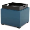CHITA Storage Ottoman Cube With Tray,Footrest Stool Seat Serve As Side Table, PU Leather In Dark Blue