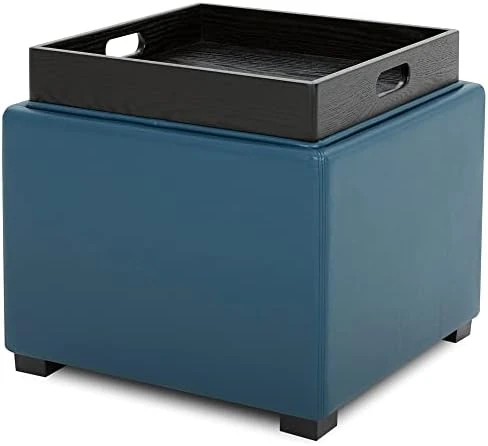 CHITA Storage Ottoman Cube With Tray,Footrest Stool Seat Serve As Side Table, PU Leather In Dark Blue 9 CHITA Storage Ottoman Cube With Tray,Footrest Stool Seat Serve As Side Table, PU Leather In Dark Blue - Image 9
