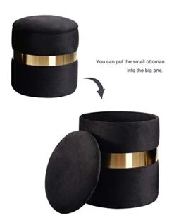 DEERUN Round Velvet Storage Ottoman Foot Rest Stool/Upholstered Footstool/Side Table Seat Make Up Stool With Stainless Steel Band, Pack Of 2 (Black) -Best Furniture Store 31llN4wh6TL