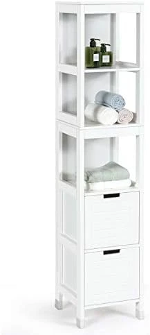 Tangkula Tall Bathroom Storage Cabinet, Multifunctional Bathroom Floor Cabinet With 3 Tier Shelves And 2 Drawers, Wooden Free-Standing Tower Rack (White) 3 Tangkula Tall Bathroom Storage Cabinet, Multifunctional Bathroom Floor Cabinet With 3 Tier Shelves And 2 Drawers, Wooden Free-Standing Tower Rack (White) - Image 3