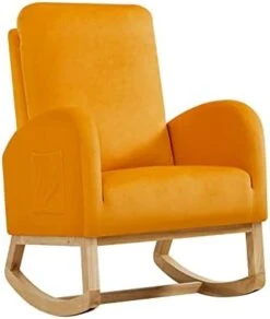 Setawix Rocking Chair For Nursery, Midcentury Modern Accent Rocker Armchair With Side Pocket, Upholstered High Back Wooden Rocking Chair For Living Room Baby Room Bedroom (Yellow - Velvet) -Best Furniture Store 31m9h9 n87L. AC