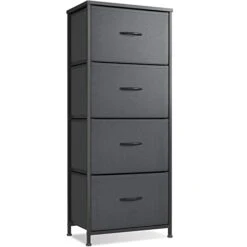 Dresser For Bedroom With 4 Drawers, Big Fabric Storage Tall Tower Dresser For Hallyway Closets, Sturdy Steel Frame, Wood Top, Black Grey