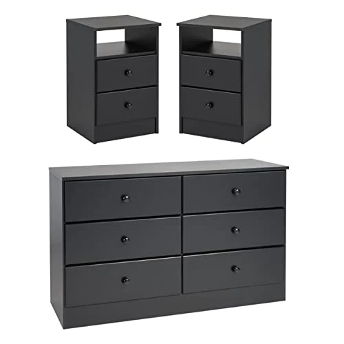 3-Piece Set With 2 Nightstands & 6-Drawer Double Dresser In Black 1 3-Piece Set With 2 Nightstands & 6-Drawer Double Dresser In Black