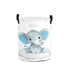 Personalized Custom Baby Elephant Blue Stars Collapsible Large Sized Clothes Hamper With Knitting Handles For Baby Girls Boys Kids Nursery Clothes Things