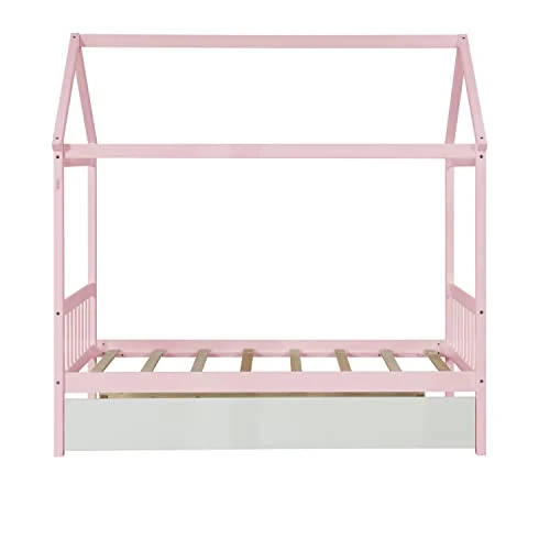 Harper & Bright Designs Twin House Bed With Trundle Bed, Wood Twin Size Daybed For Girls Boys,Kids Platform Bed Frame With Roof Twin Cabin Bed For Bedroom,Pink+White 3 Harper & Bright Designs Twin House Bed With Trundle Bed, Wood Twin Size Daybed For Girls Boys,Kids Platform Bed Frame With Roof Twin Cabin Bed For Bedroom,Pink+White - Image 3