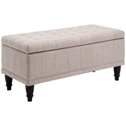 HOMCOM Large 42" Tufted Linen Fabric Ottoman Storage Bench With Soft Close Lid For Living Room, Entryway, Or Bedroom - Beige