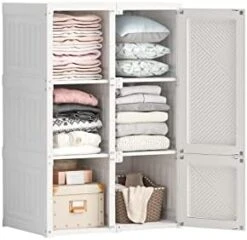 Portable Closet Clothes Wardrobe Plastic Bedroom Armoire Depth Cube Storage Organizer With Hanging Rod And Doors 4-15 Cubes White（15 Grids, 11 Doors, 2 Hangers(w15-d11-h2) -Best Furniture Store 31pbpSJJTOL. AC