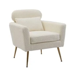 Mikibama Mid Century Modern Accent Chair Upholstered Reading Chair Armchair With Metal Legs And Throw Pillow Side Chair For Living Room Bedroom Office (Ivory,Teddy Fabric) -Best Furniture Store 31qrGMTgIfL