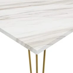 LZ LEISURE ZONE 3-Piece Dining Table Set, Rustic Farmhouse Wooden Kitchen Table With Two Benches, Thick Table/Bench Top With Iron Frame For 4, Faxu Marble White+Gold Frame -Best Furniture Store 31qsllcAuLL