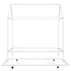 Epinki Twin Size Kids House Bed With Trundle, Metal House Bed White, Easy Assembly -Best Furniture Store 31rd1h2ODfL