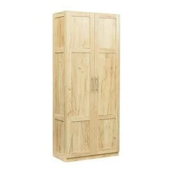 Modern Wardrobe Closet With Hanging Rod Wardrobe,High Wardrobe And Kitchen Cabinet With 2 Doors And 3 Partitions To Separate 4 Storage,Oak