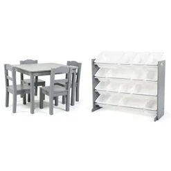 Humble Crew Kids Wood Table And 4 Chair Set, Grey & Supersized Wood Toy Storage Organizer, Extra Large, Grey/White