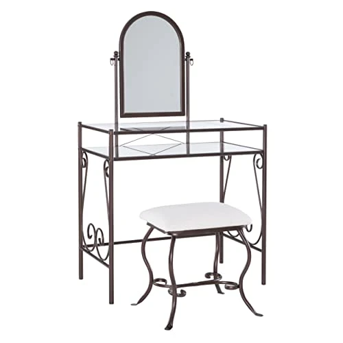Dark Metal Set Table With Upholstered Stool Clarisse Vanity, 52.4" X 31.8" X 18.3" 1 Dark Metal Set Table With Upholstered Stool Clarisse Vanity, 52.4" X 31.8" X 18.3"