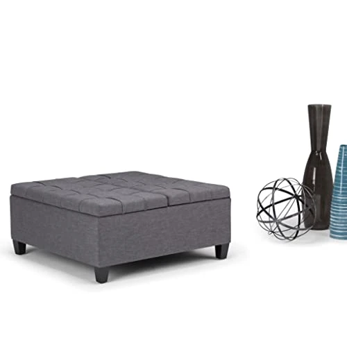 SIMPLIHOME Harrison 36 Inch Wide Square Coffee Table Lift Top Storage Ottoman In Upholstered Slate Grey Tufted Linen Look Fabric For The Living Room, Transitional 2 SIMPLIHOME Harrison 36 Inch Wide Square Coffee Table Lift Top Storage Ottoman In Upholstered Slate Grey Tufted Linen Look Fabric For The Living Room, Transitional - Image 2