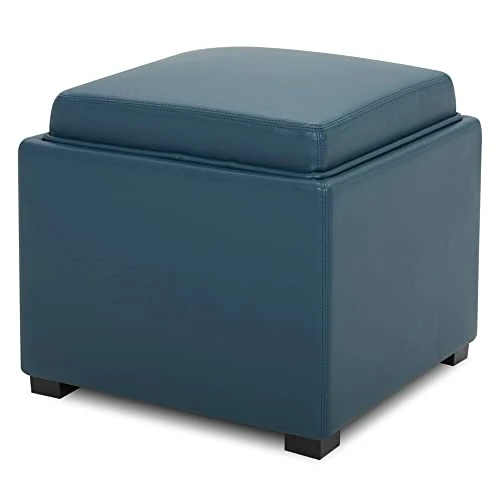CHITA Storage Ottoman Cube With Tray,Footrest Stool Seat Serve As Side Table, PU Leather In Dark Blue 2 CHITA Storage Ottoman Cube With Tray,Footrest Stool Seat Serve As Side Table, PU Leather In Dark Blue - Image 2