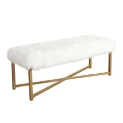 HomePop Faux Fur Rectangle Dining Bench With Metal Base, White