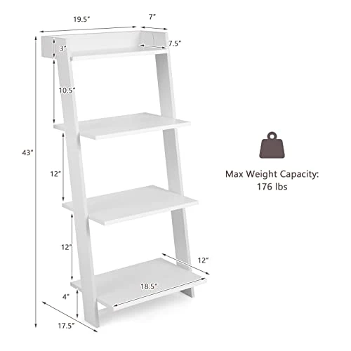 Tangkula 4 Tier Ladder Shelf, Leaning Bookshelf With Solid Wooden Frame, Anti-toppling Device, Anti-falling Baffle, Organizer Shelf, Open Shelving Unit For Home Office, 19.5 X 17.5 X 43 Inches (White) 3 Tangkula 4 Tier Ladder Shelf, Leaning Bookshelf With Solid Wooden Frame, Anti-toppling Device, Anti-falling Baffle, Organizer Shelf, Open Shelving Unit For Home Office, 19.5 X 17.5 X 43 Inches (White) - Image 3