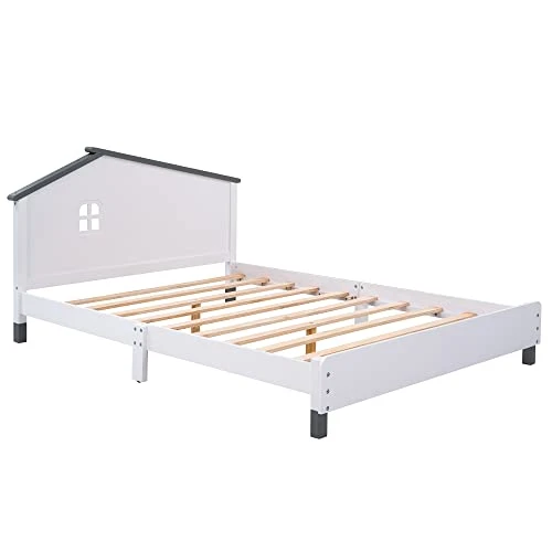 Merax Modern Kids House Beds Full Wood Low Bed Frames For Boys,Girls, No Box Spring Need/Easy Assemble(Full,White+Gray) 4 Merax Modern Kids House Beds Full Wood Low Bed Frames For Boys,Girls, No Box Spring Need/Easy Assemble(Full,White+Gray) - Image 4