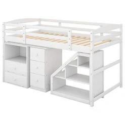 Harper & Bright Designs Twin Loft Bed With Multifunctional Movable Built-in Desk, Wood Low Loft Bed With Stairs, For Kids Teens Girls Boys - White 12 Harper & Bright Designs Twin Loft Bed With Multifunctional Movable Built-in Desk, Wood Low Loft Bed With Stairs, For Kids Teens Girls Boys - White -Best Furniture Store 31ygTXZChPL