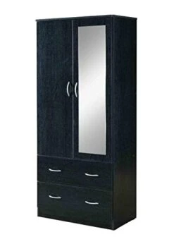 Two Door Wardrobe With Two Drawers And Hanging Rod Plus Mirror, Black