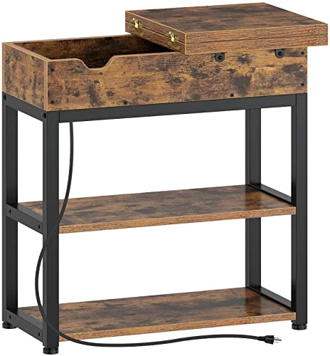 Rolanstar End Table With Charging Station, Narrow Nightstand, Flip Top Side Table With USB Ports And Storage Shelves For Small Spaces, Living Room, Bedroom (Rustic Brown) 1 Rolanstar End Table With Charging Station, Narrow Nightstand, Flip Top Side Table With USB Ports And Storage Shelves For Small Spaces, Living Room, Bedroom (Rustic Brown)
