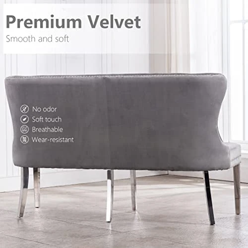 UDAX Velvet Bench With Back, Upholstered Armless Couch Settee With Button Tufted Backrest Nailhead Around, Light Grey 4 UDAX Velvet Bench With Back, Upholstered Armless Couch Settee With Button Tufted Backrest Nailhead Around, Light Grey - Image 4