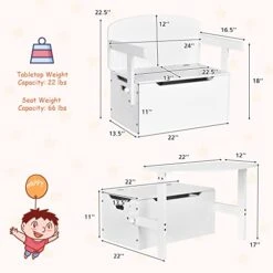 HONEY JOY Kids Table And Chair Set, 3-in-1 Convertible Wooden Toy Storage Bench With Handle, Toddler Furniture Set For Daycare Playroom, Gift For Boys Girls 3+ (White) -Best Furniture Store 41028CrCv4L