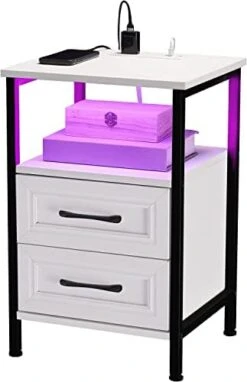 HOSEOKA Grey Nightstand With Charging Station And RGB Lights, Night Stand Rustic End Table With 2 Drawers With USB Ports And Outlets Bedside Tables For Living Room Bedroom Office -Best Furniture Store 4107UdEg23L. AC