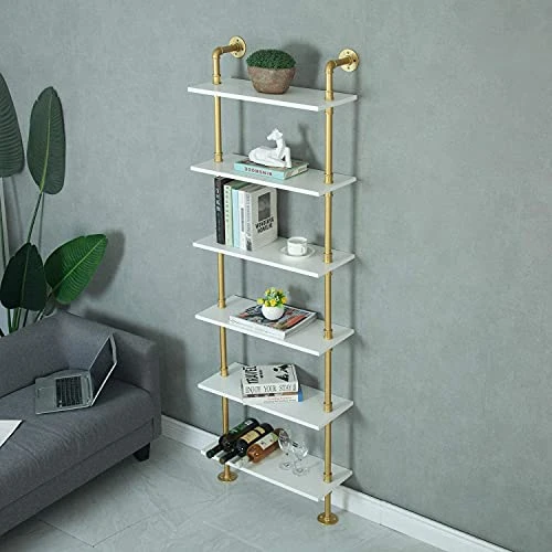 GGO Industrial 6-Tier Pipe Shelves Rustic Wood Ladder Bookshelf Wall Mounted Shelf For Living Room Decor And Storage (Glod) 3 GGO Industrial 6-Tier Pipe Shelves Rustic Wood Ladder Bookshelf Wall Mounted Shelf For Living Room Decor And Storage (Glod) - Image 3