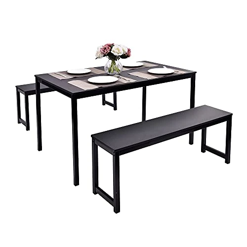 Dining Table Set, Hinpia 3 Pieces Modern Kitchen Table With 2 Benches, Wood Tabletop And Metal Frame (Black) 2 Dining Table Set, Hinpia 3 Pieces Modern Kitchen Table With 2 Benches, Wood Tabletop And Metal Frame (Black) - Image 2